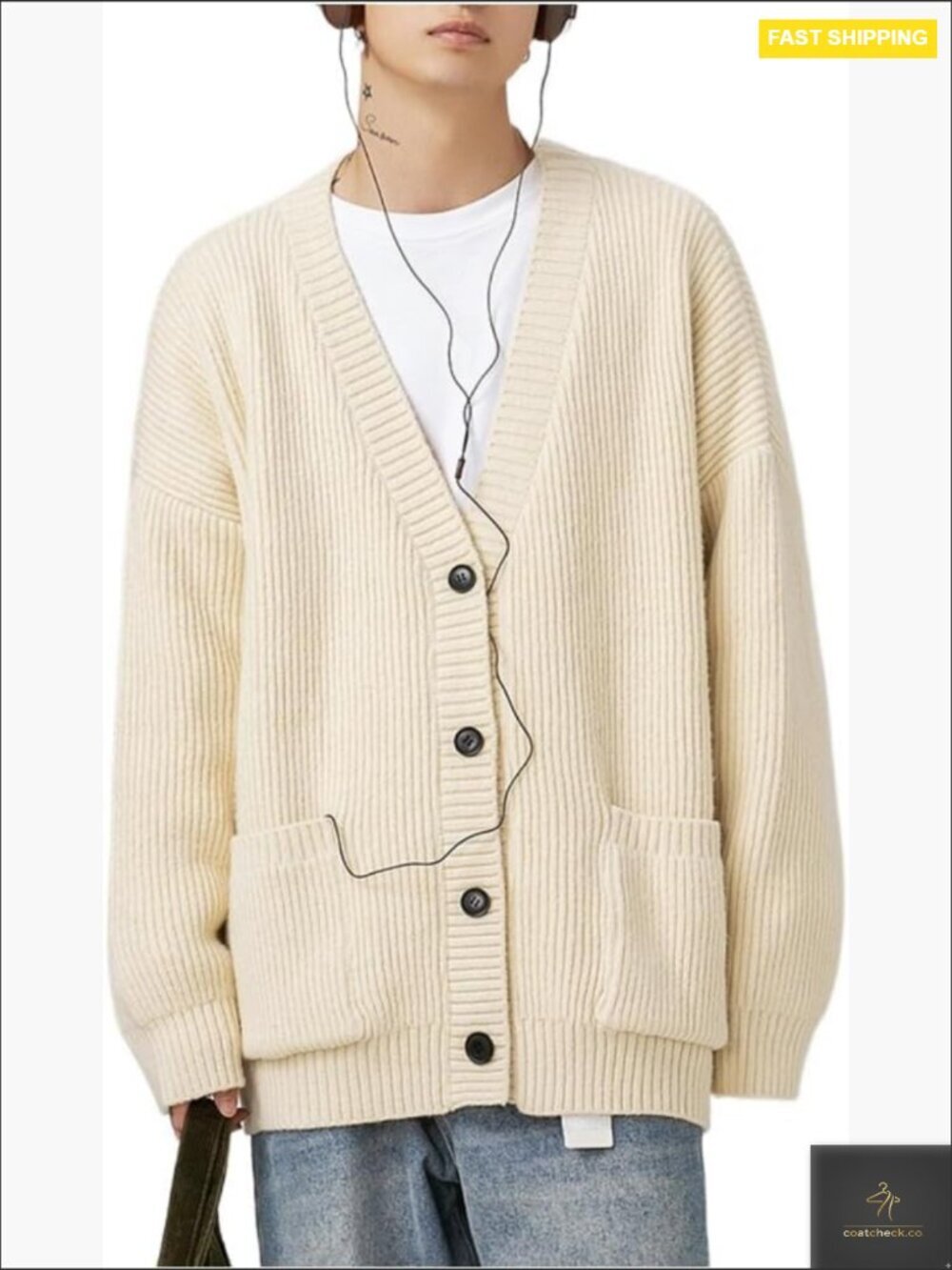 Mens Cardigan Sweater Button Down V Neck Cable Knit Oversized Streetwear Grunge